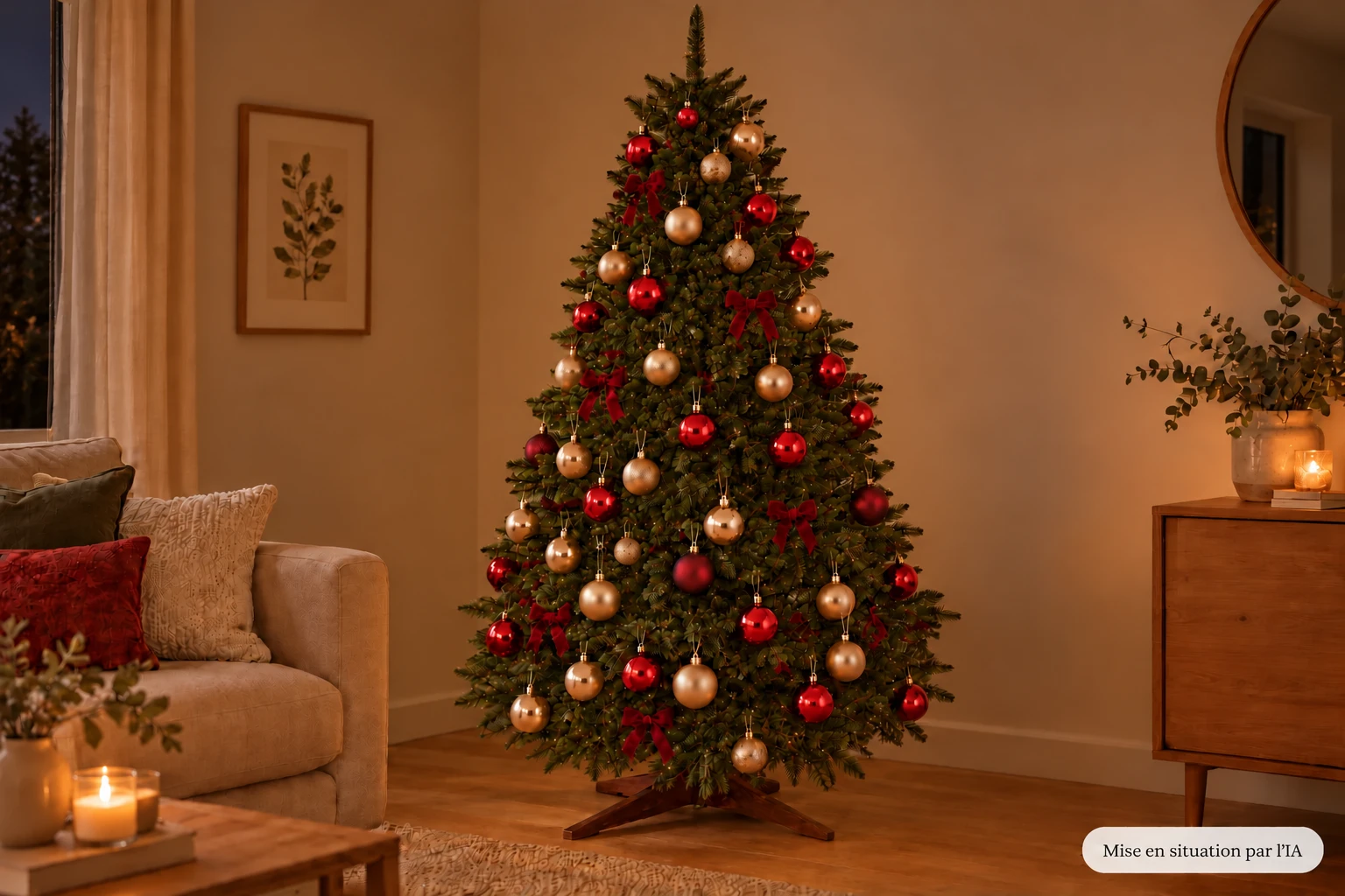Sapin vert décoré de boules rouges et dorées dans un salon le soir, mise en situation créée par IA.