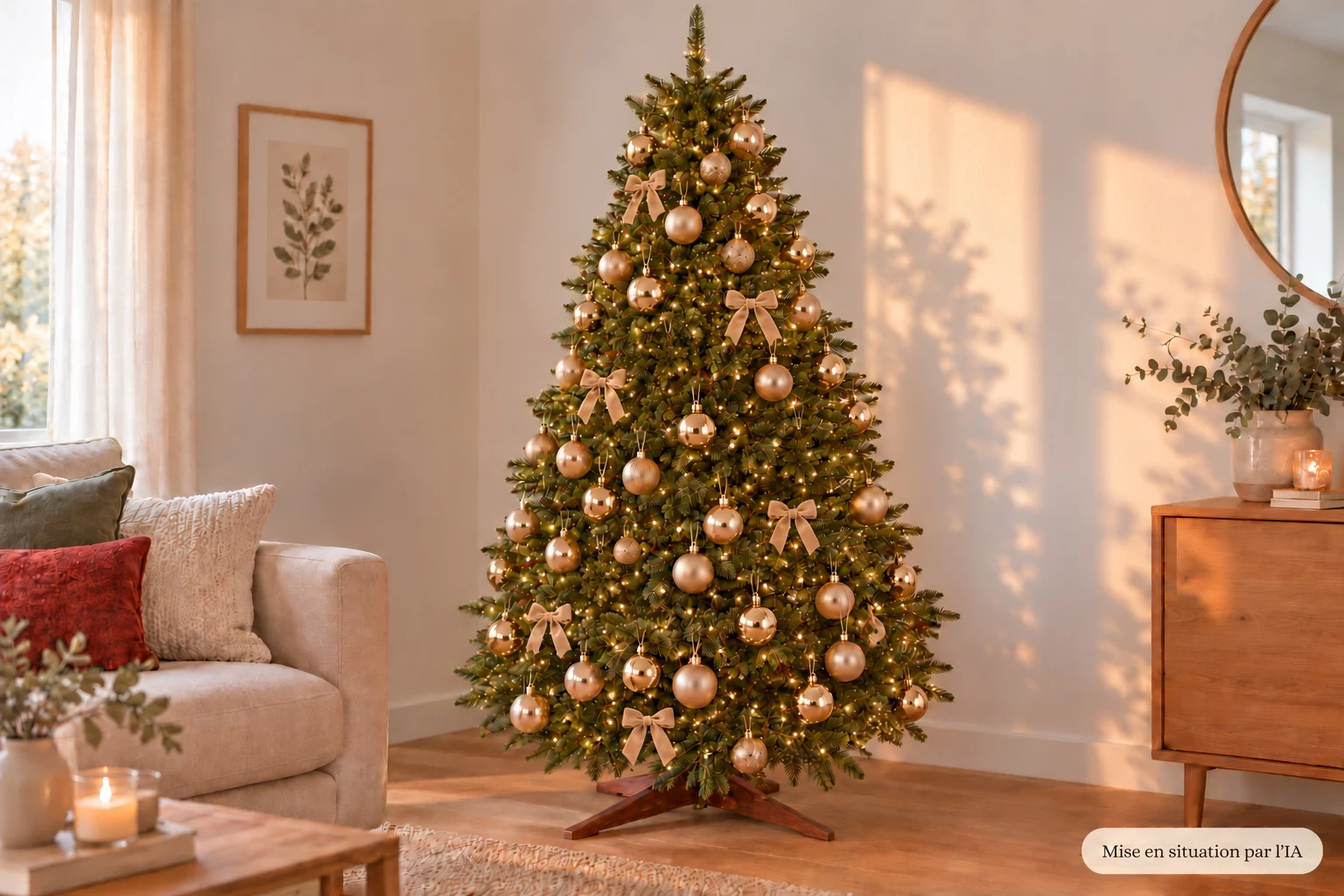 Mise en situation IA du même sapin décoré de boules dorées et de nœuds champagne, sans ornements en bois