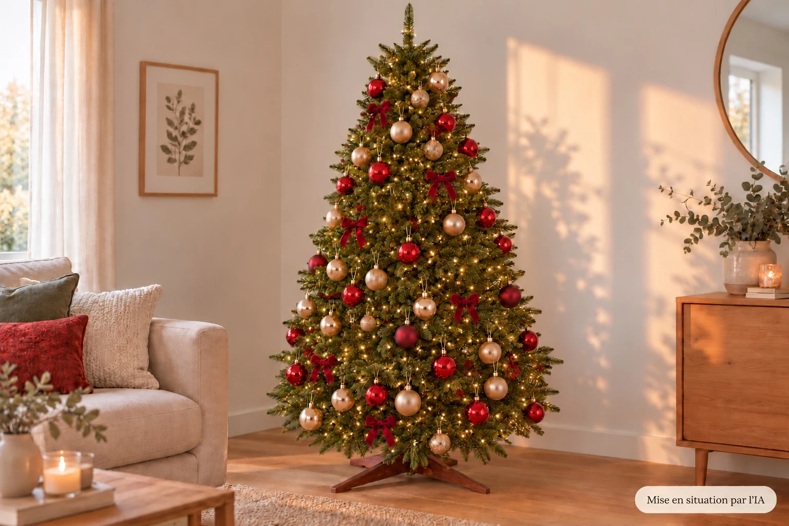 Mise en situation IA du sapin Pure Living décoré de boules rouges et dorées, de nœuds bordeaux et de petites lumières blanc chaud