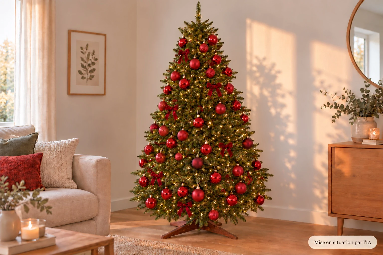 Mise en situation IA du même sapin décoré de boules rouges et de nœuds bordeaux, sans ornements en bois