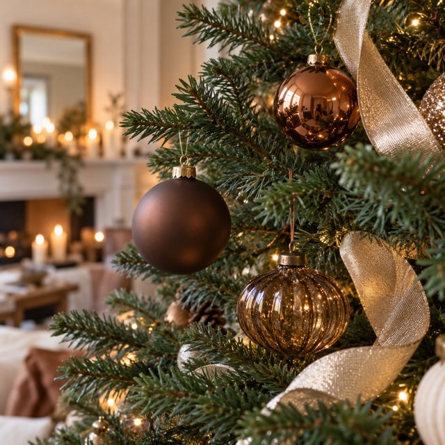 Ornements cuivrés et champagne dans les branches du sapin.