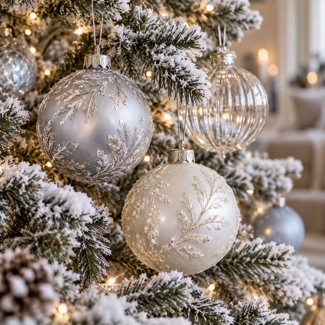 Boules argentées et blanc perlé sur un sapin vert enneigé.