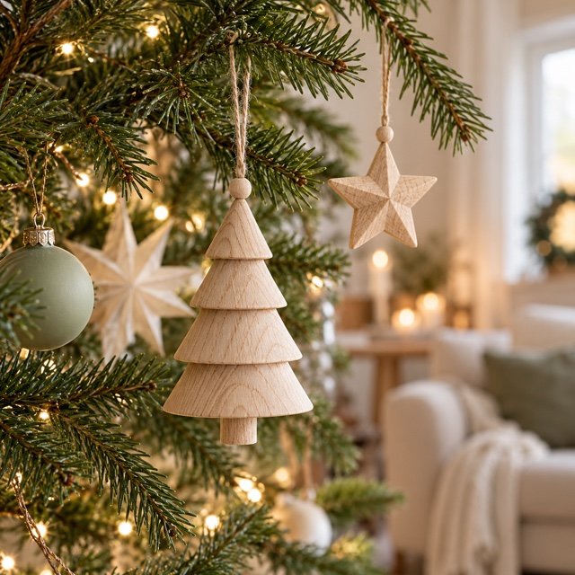 Sapin et étoile en bois clair suspendus aux branches.