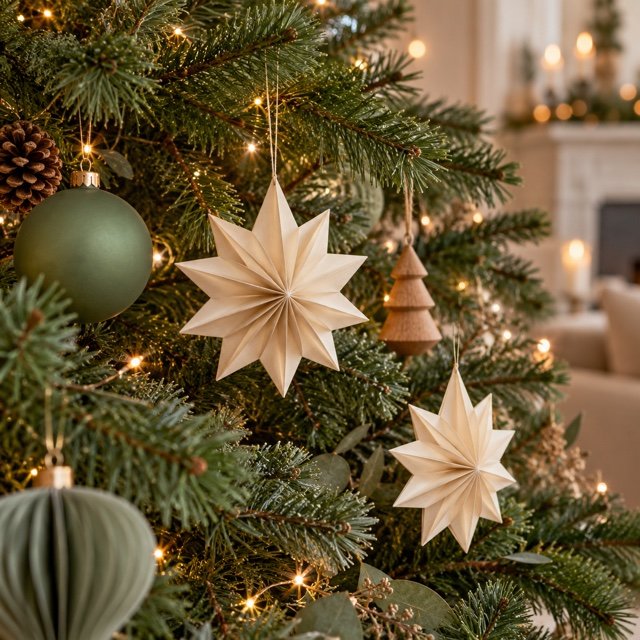 Étoiles en papier ivoire suspendues dans un sapin vert.