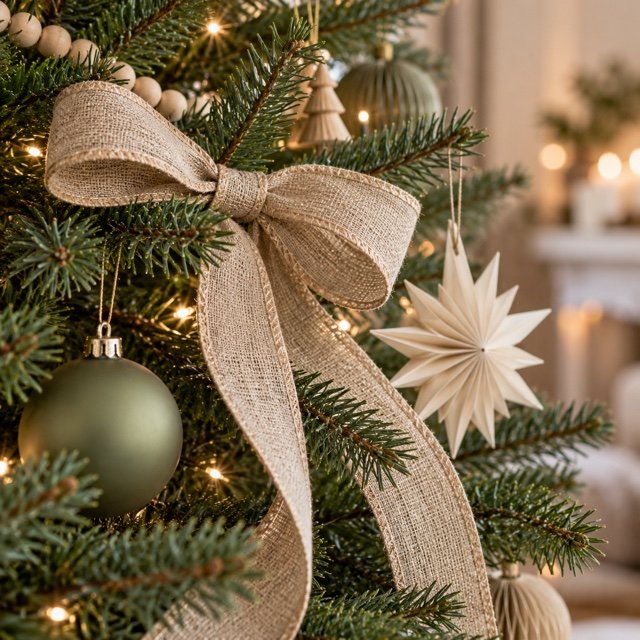 Ruban naturel noué parmi des branches de sapin et des étoiles en papier.