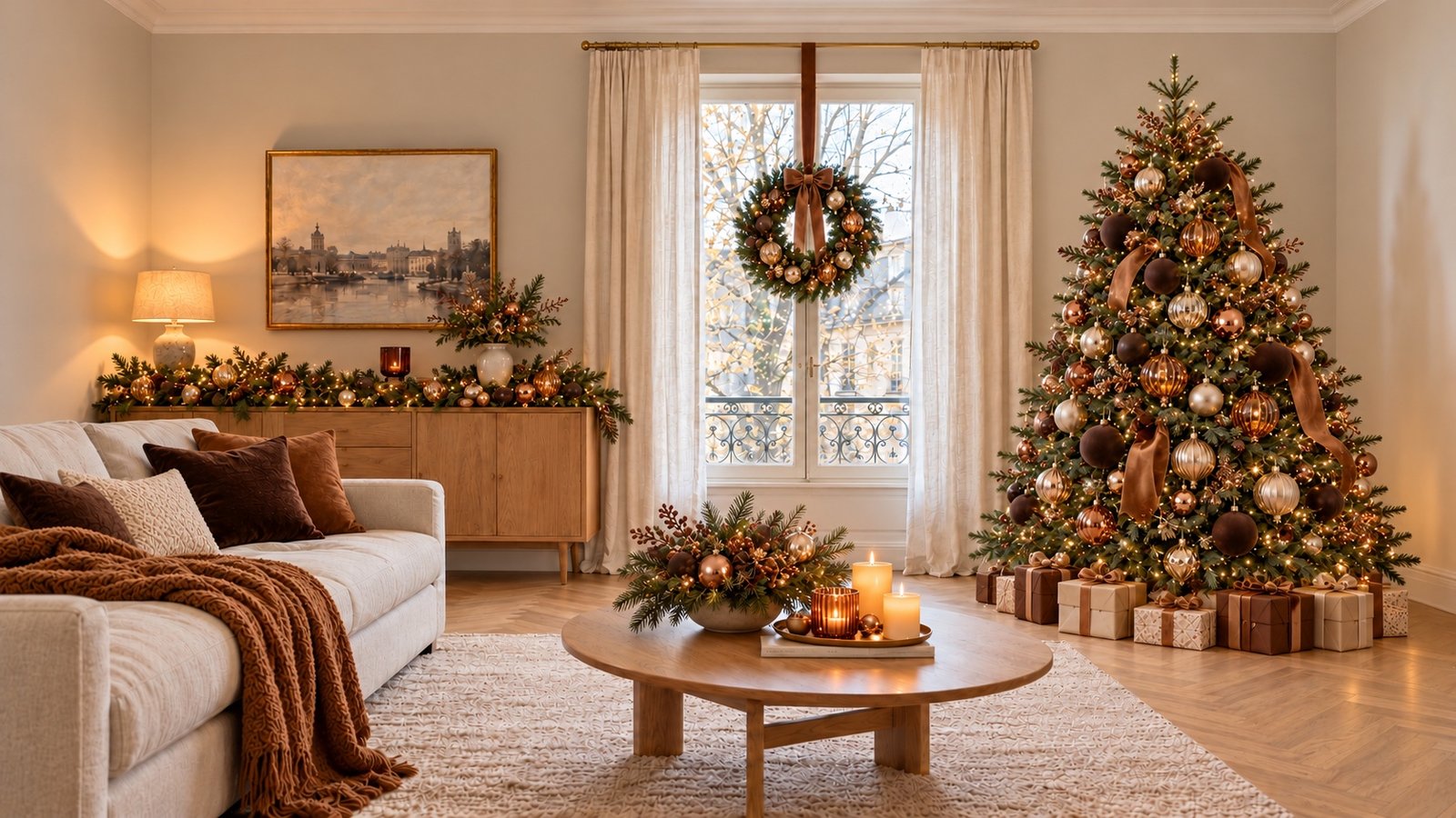 Sapin vert décoré de chocolat, cuivre, champagne et verre ambré, avec des rubans caramel.