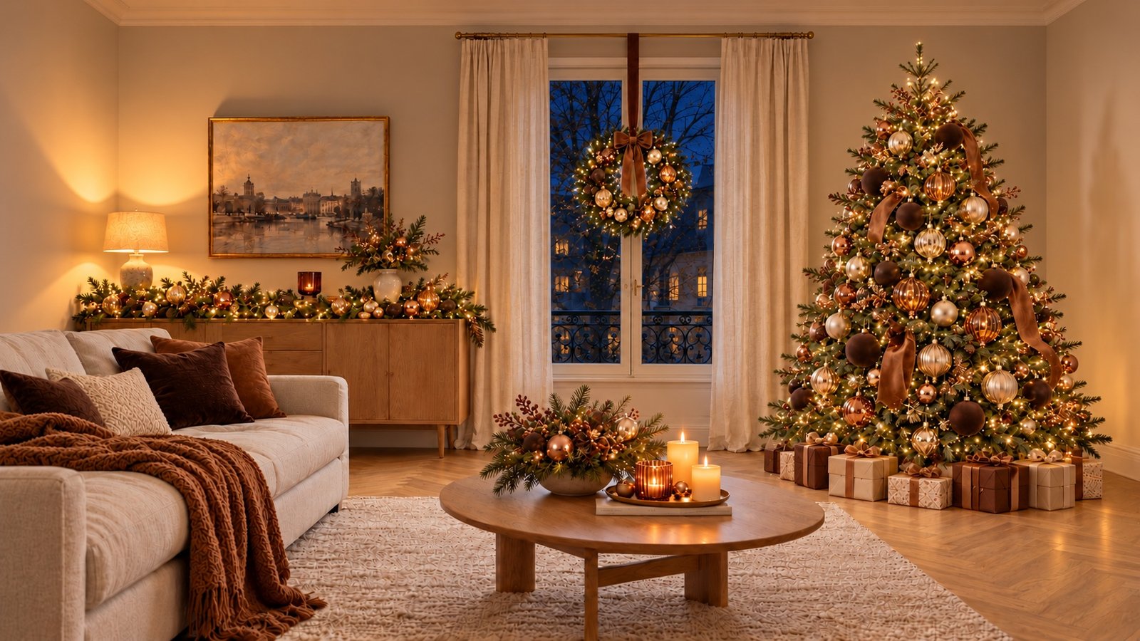 Sapin vert décoré de chocolat, cuivre, champagne et verre ambré, avec des rubans caramel.
