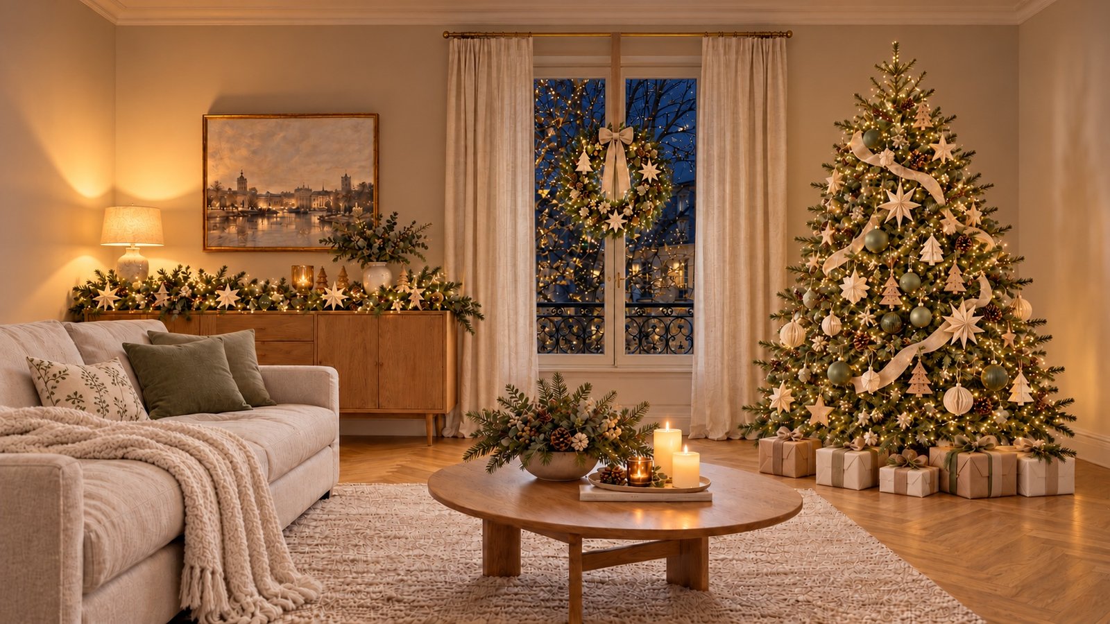 Le même salon de nuit, sapin, couronne et guirlande éclairés de LED blanc chaud, décorations naturelles bien visibles.