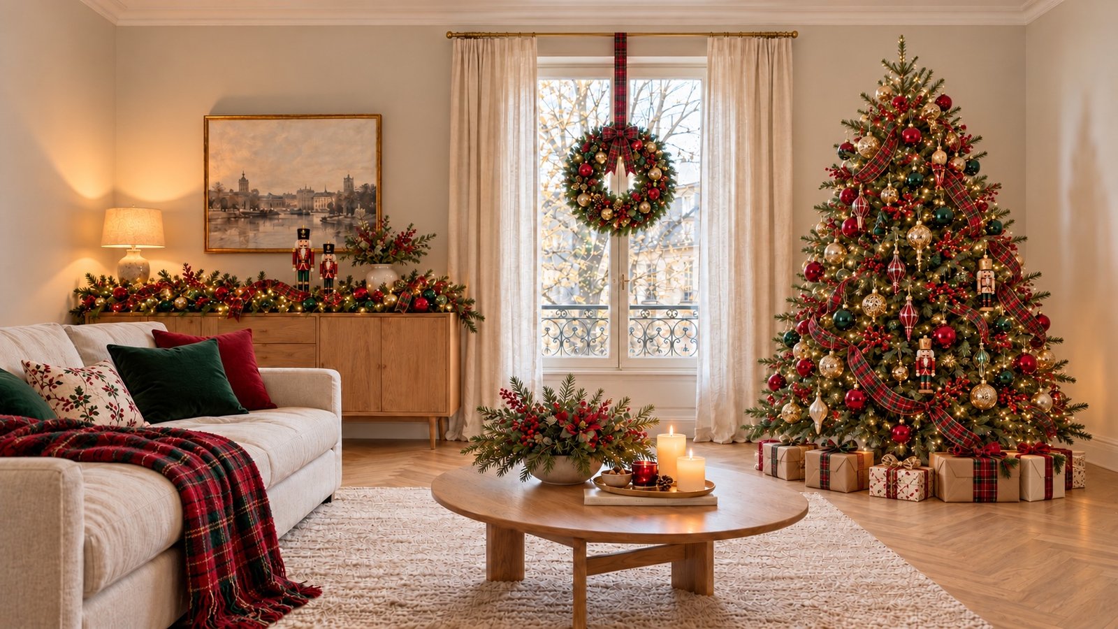Sapin vert décoré de boules rouges et vertes, de rubans tartan, de verre et de petits casse-noisettes.