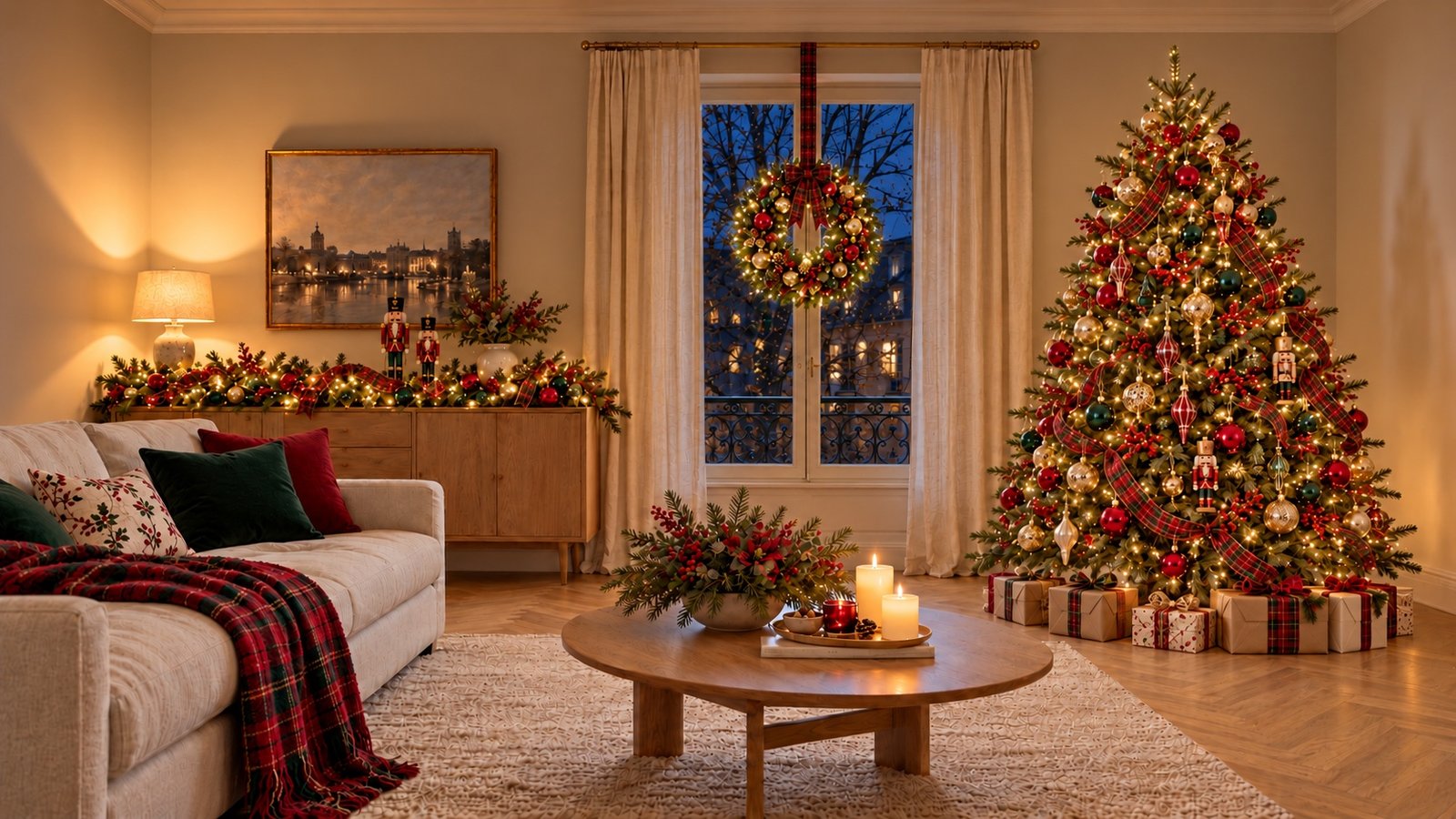 Sapin vert décoré de boules rouges et vertes, de rubans tartan, de verre et de petits casse-noisettes.