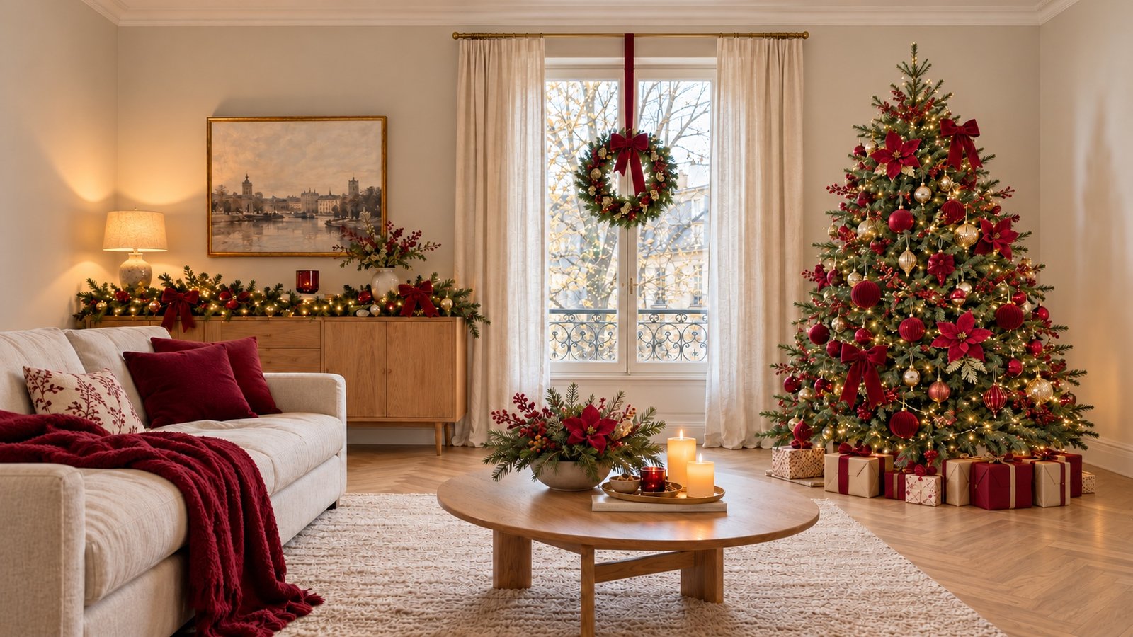 Salon chaleureux avec sapin vert décoré de velours bordeaux et d’or, guirlande de sapin sur le buffet, couronne à la fenêtre et composition sur la table.