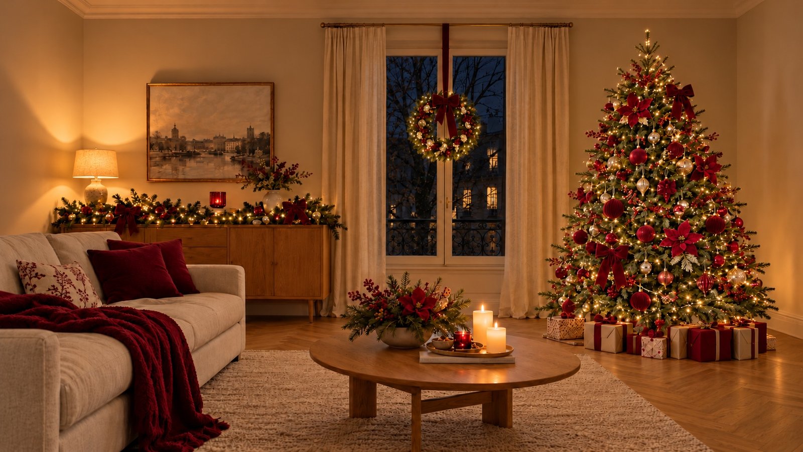Le même salon de nuit, éclairé par les guirlandes et la lampe, avec sapin vert décoré de velours bordeaux et d’or, guirlande de sapin sur le buffet, couronne à la fenêtre et composition sur la table.