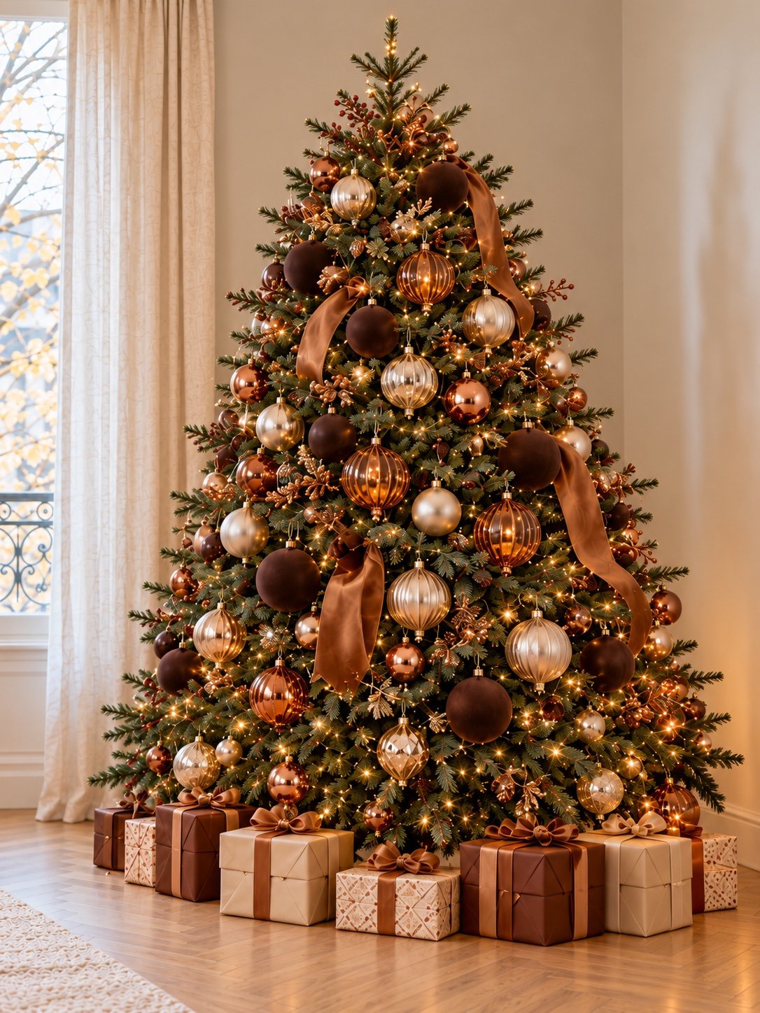 Sapin vert décoré de chocolat, cuivre, champagne et verre ambré, avec des rubans caramel.