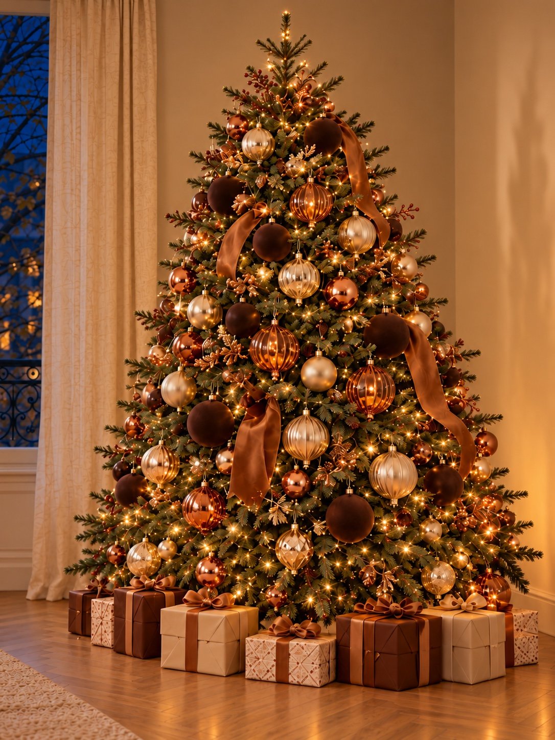 Sapin vert décoré de chocolat, cuivre, champagne et verre ambré, avec des rubans caramel.