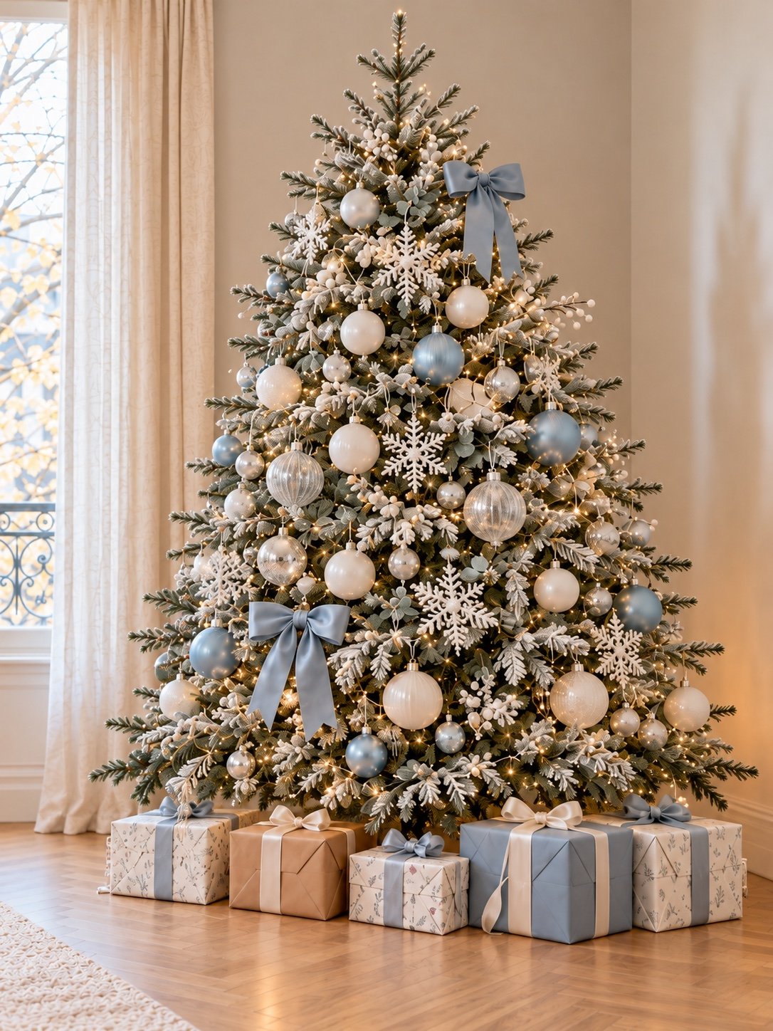 Sapin vert réaliste enneigé, décoré de blanc, argent et bleu glacier ; couronne et guirlande assorties.