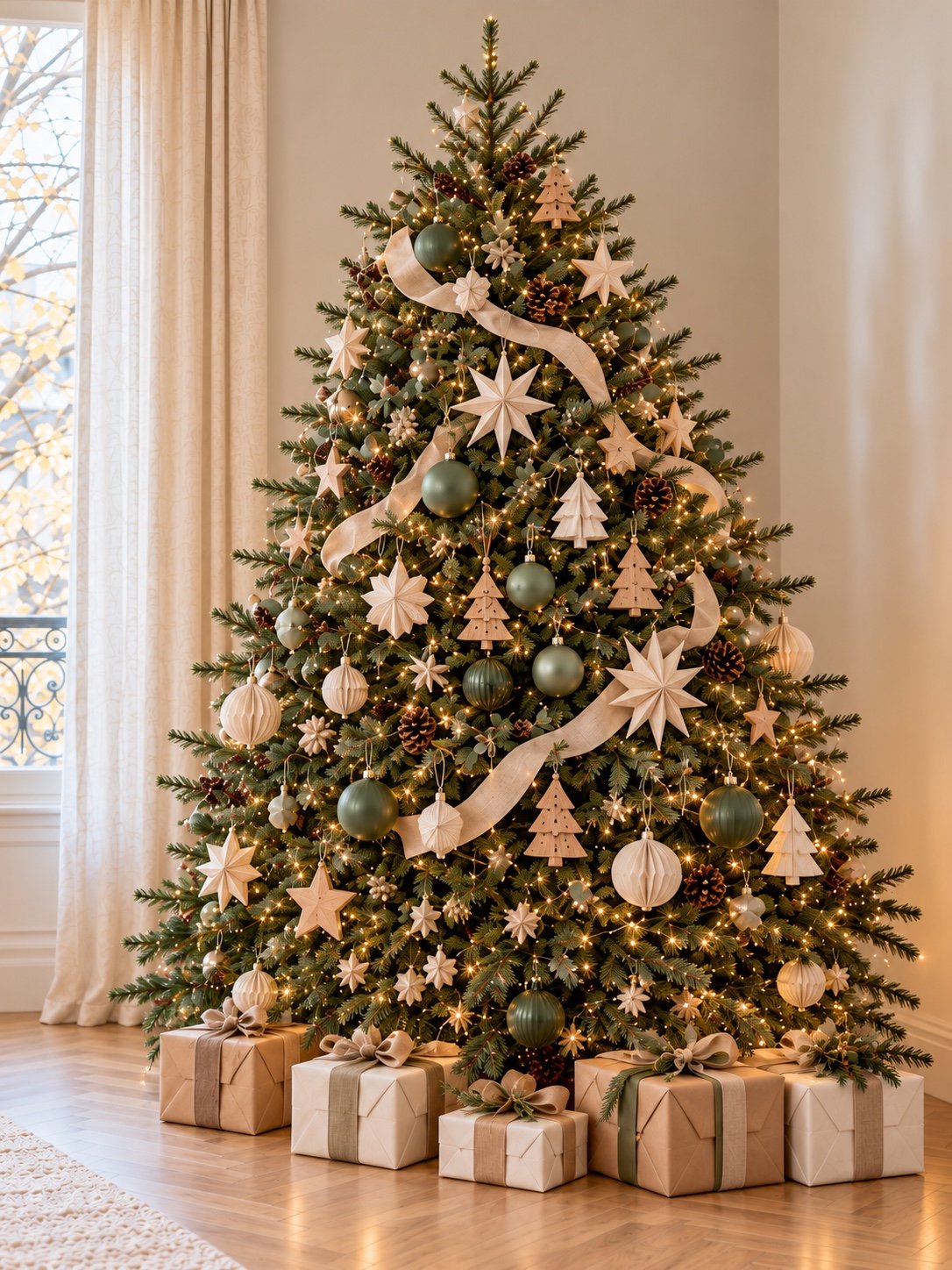 Gros plan du même sapin : étoiles en papier ivoire, suspensions en bois, boules vert sauge et rubans naturels.