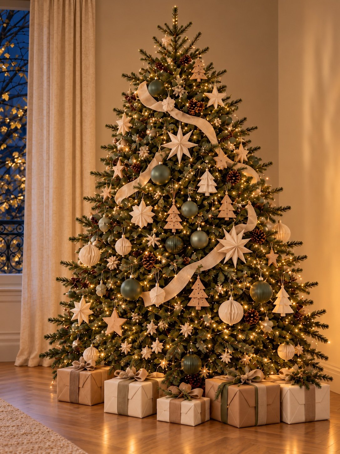 Gros plan du même sapin : étoiles en papier ivoire, suspensions en bois, boules vert sauge et rubans naturels.