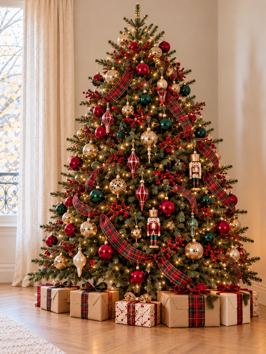 Sapin vert décoré de boules rouges et vertes, de rubans tartan, de verre et de petits casse-noisettes.