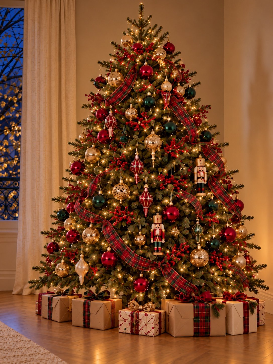Sapin vert décoré de boules rouges et vertes, de rubans tartan, de verre et de petits casse-noisettes.