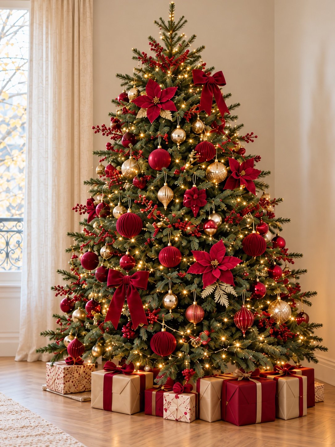 Gros plan de la décoration du même sapin : boules bordeaux, poinsettias et nœuds en velours rouge, ornements dorés.