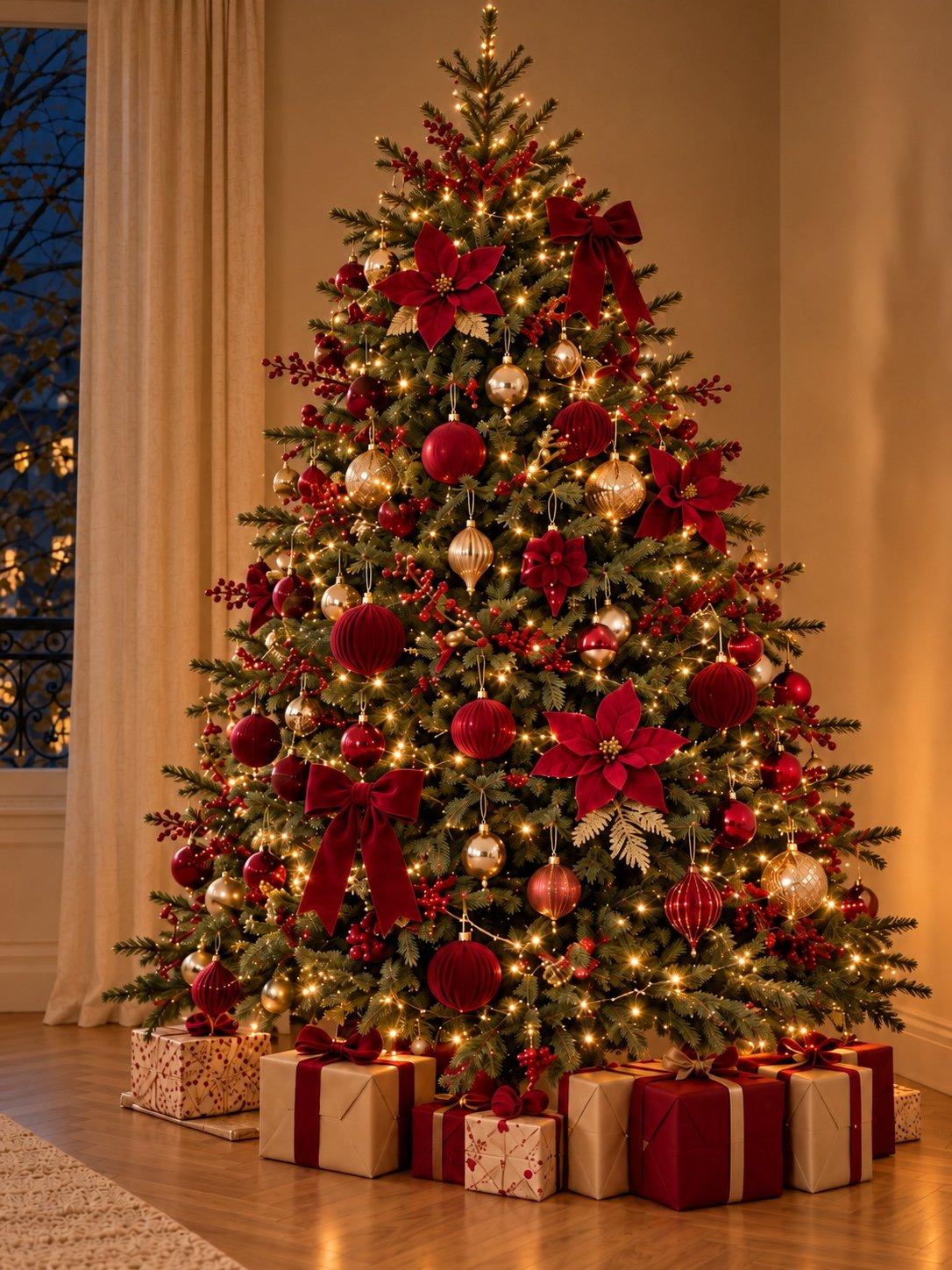 Gros plan de la décoration du même sapin : boules bordeaux, poinsettias et nœuds en velours rouge, ornements dorés.
