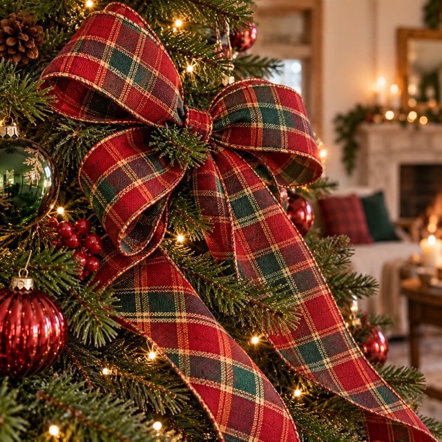 Grand nœud et longs pans de ruban tartan rouge et vert dans le sapin.