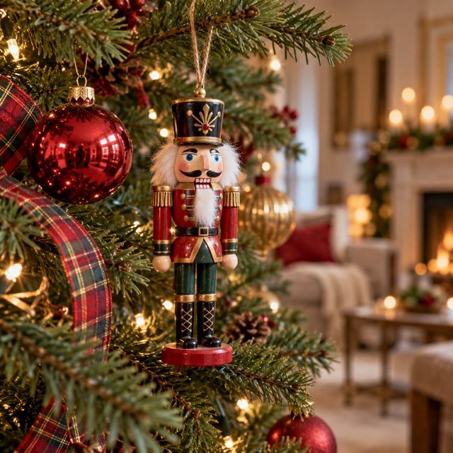 Petit casse-noisette traditionnel rouge et vert suspendu au sapin.
