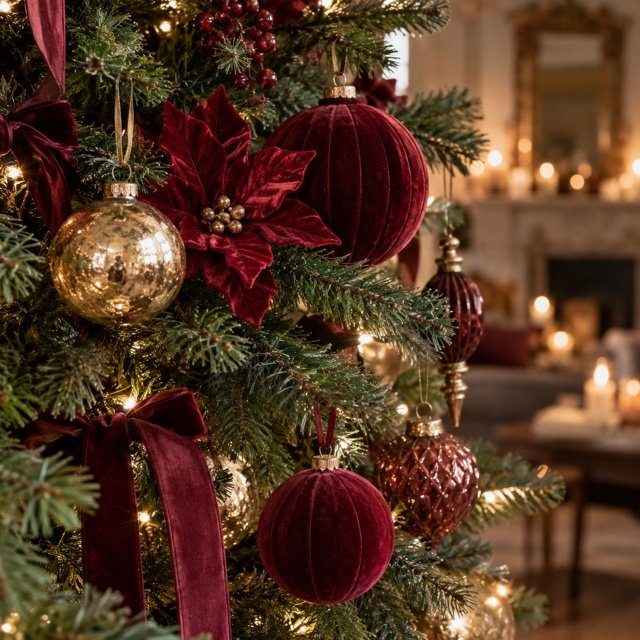 Inspiration : boules et fleur en velours bordeaux dans un sapin vert.